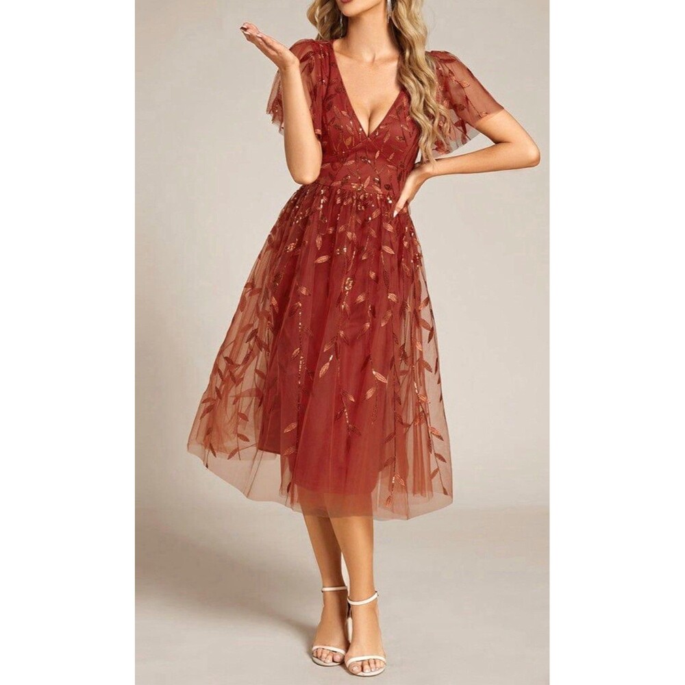 Ever-Pretty Sz 20 Women’s Rust Sequin Leaf Tulle V-Neck Flutter Sleeve Midi